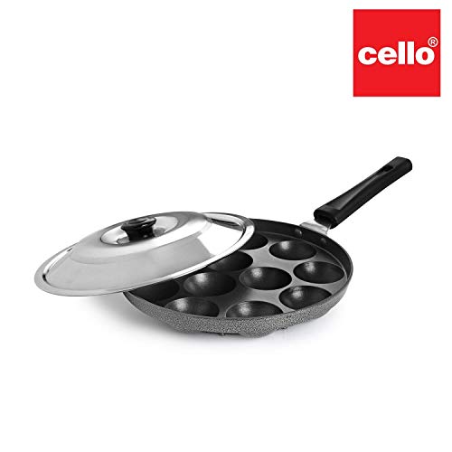 CELLO Aluminium Nonstick 12 Cavity Appam Patra Pan Maker with Steel Lid, Black | Single Bakelite Handle, Gas Stove Compatible Mini Die-Cast Uttappa Pa