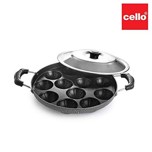 CELLO Aluminium Nonstick 12 Cavity Appam Patra Pan Maker with Steel Lid, Black | 2 Side Riveted Handle, Gas Stove Compatible Die-Cast Mini Uttappa Pan