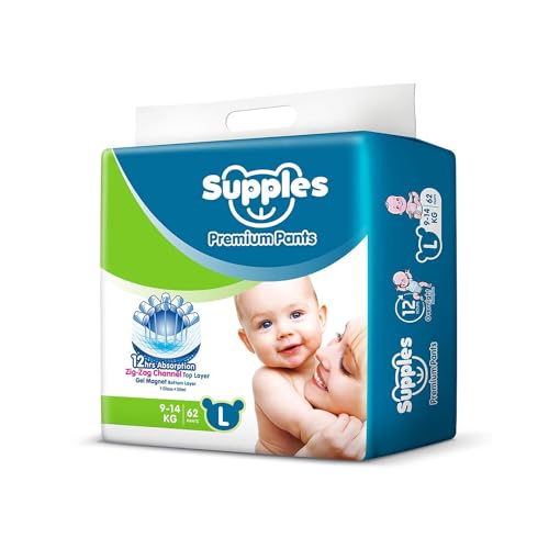 Amazon Brand - Supples Premium Baby Diaper Pants | 62 Baby Diapers | Large | 9-14 Kg | 12 Hrs Absorption | Cushiony Cotton Soft Fabric | Phthalates-Fr