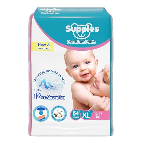 Amazon Brand - Supples Premium Baby Diaper Pants | 54 Baby Diapers | XL | 12-17 Kg | 12 Hrs Absorption | Cushiony Cotton Soft Fabric | Phthalates-Free