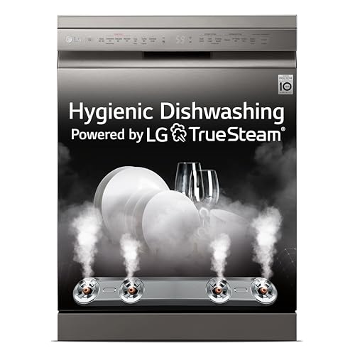 LG 14 Place Settings Dishwasher, TrueSteam, Inverter Direct Drive, Wi-Fi & Free Standing Dishwasher (DFB424FP, Silver, Silent Operation, Tough Stain