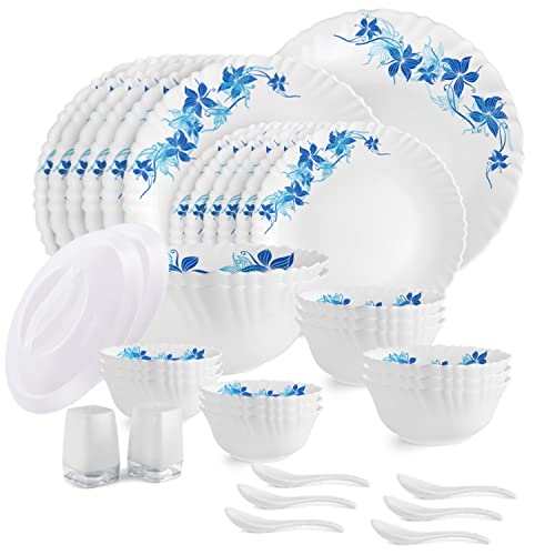 CELLO Blue Swirl Dazzle Series Opalware Dinner Set of 37 Pieces for Family of 6 | Bone-Ash Free & Leadfree Opal Glass, Microwave & Dishwasher Safe, Pl