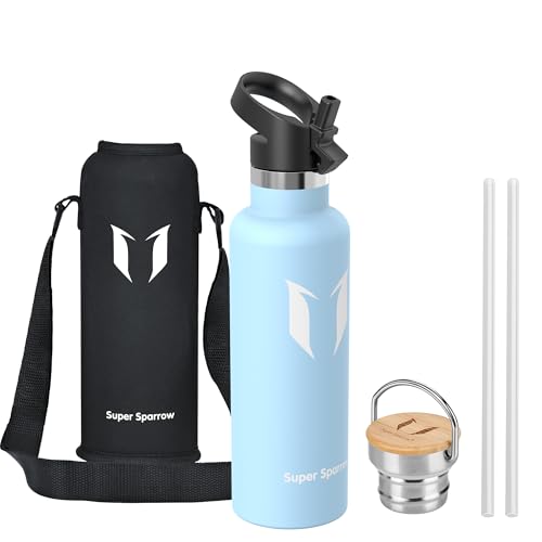 Sparrow Botella Agua Acero Inoxidable 750ml - Botella Termica con Pajita | Sin BPA & Fugas, Lavavajillas, Deporte, Gimnasio, Oficina, TwistTrail Botella Termica Tapa Pajita,Tapa Asa & Funda