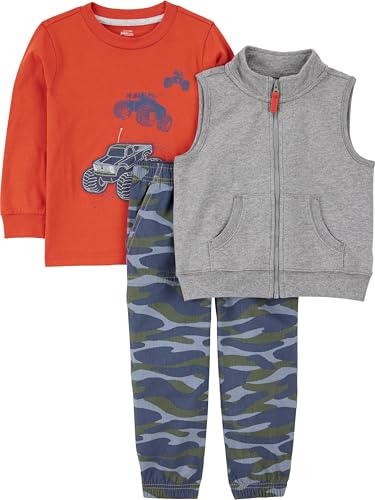 Simple Joys by Carter's Toddler Boys' 3-Piece Fleece Vest, Long-Sleeve Shirt, and Woven Pant Playwear Set, Grey Heather/Navy Camo/Orange Trucks, 4T