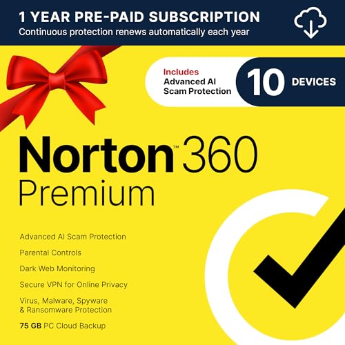 Norton 360 Premium 2025, Antivirus software for 10 Devices with Auto-Renewal – Includes Advanced AI Scam Protection, VPN, Dark Web Monitoring & PC Cloud Backup [Download]