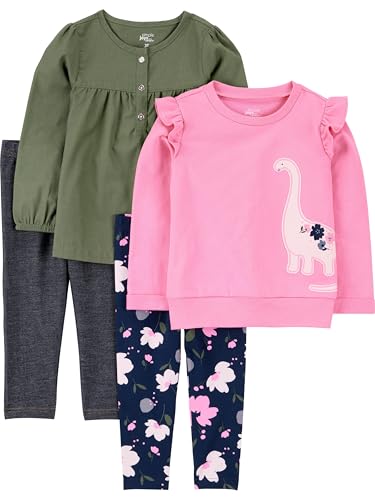 Simple Joys by Carter's Baby Girl's 4-Piece Long-Sleeve Shirts and Pants Playwear Set Pants, Olive/Pink Dino, 18M