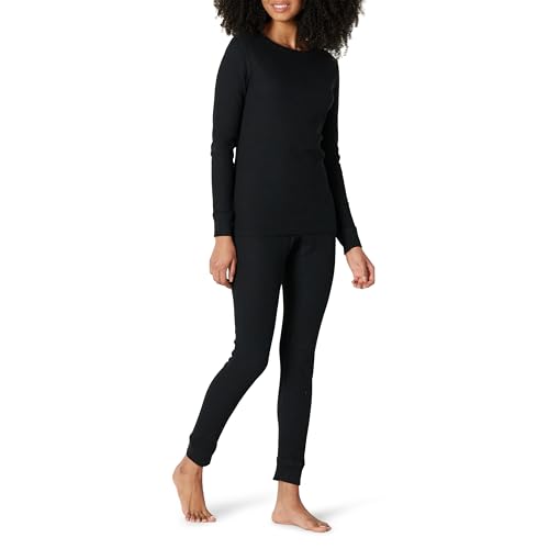 Amazon Essentials Women's Waffle Snug Fit Pajama Set, 2 Piece Long Sleeve, Black, Medium