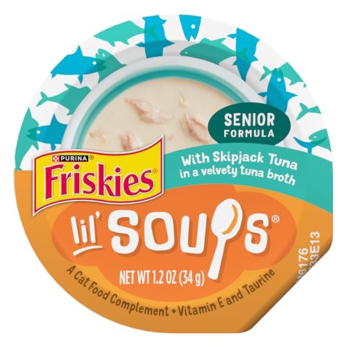 Purina Friskies Grain Free Senior Lickable Cat Food Toppers Lil’ Soups With Skipjack Tuna in a Velvety Tuna Broth - (Pack of 12) 1.2 oz. Cup