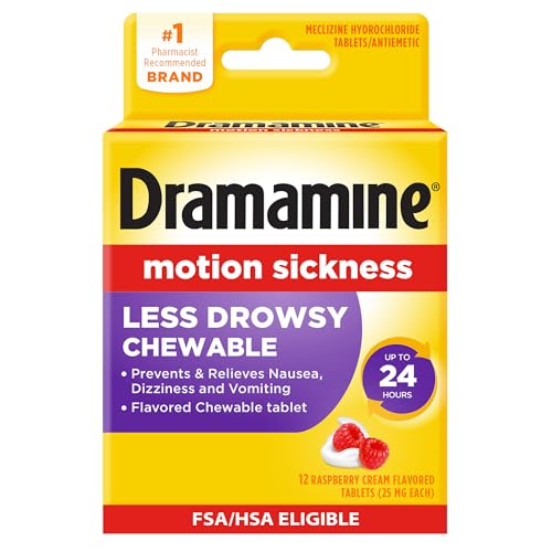 Dramamine Motion Sickness Less Drowsy, Chewables for Nausea Relief During Travel, Raspberry Cream Flavor, 12 Count