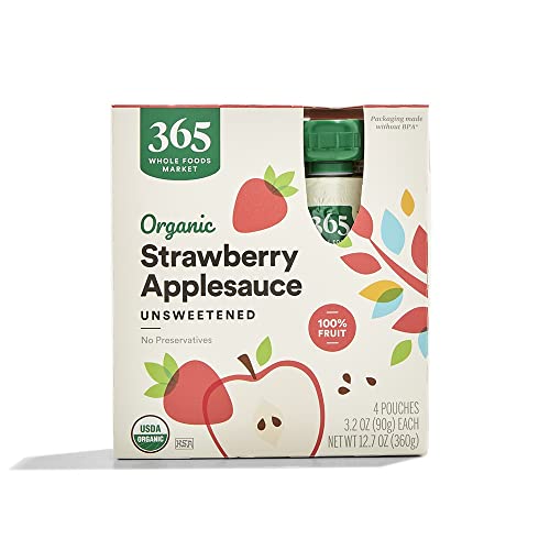 365 by Whole Foods Market, Organic Strawberry Applesauce Pouches, Unsweetened, 3.2 Ounce (Pack of 4)