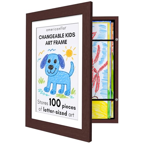 Kids Artwork Frame Changeable (Mahogany) - Magnetic Door Holds 100 Art Pieces - 8.5x11 Letter Size Display with Mat or 10x12.5 Without Mat - My Mini Masterpiece