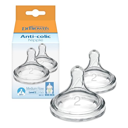 Dr. Brown's Natural Flow Level 2, Wide-Neck Baby Bottle Silicone Nipple, Medium Flow, 3m+, 100% Silicone, 2 Count (Pack of 1)