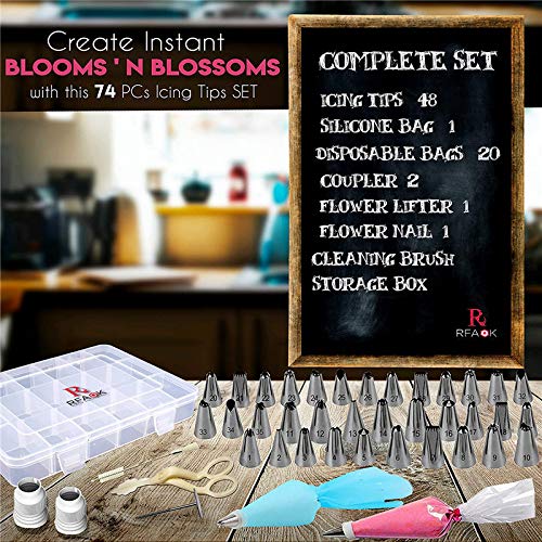 RFAQK 74 PCs Icing Piping Bags and Tips Set, Cake Decorating Kit with 48-Numbered Piping Tips, Anti Burst Pastry Bags for Cookie Cupcake Cake Decoration, Cake Decorating Tips Set with Booklet & E-book