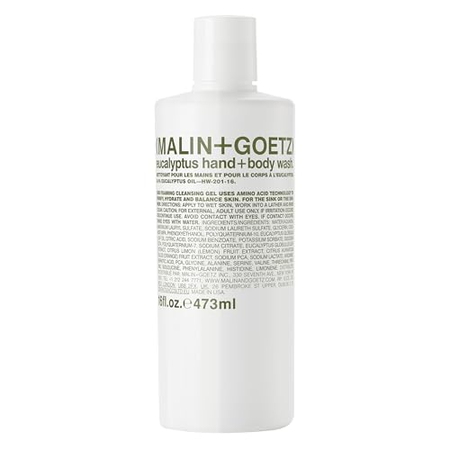 Malin + Goetz Eucalyptus Hand + Body Wash natural cleansing, purifying, hydrating hand & body wash. all skin types, dry, irritated, sensitive. No stripping/irritation. Cruelty-free & vegan 16 Fl oz
