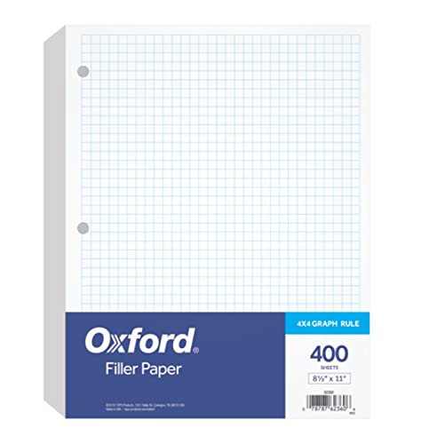 Oxford Filler Paper, 8-1/2" x 11", 4 x 4 Graph Rule, 3-Hole Punched, Loose-Leaf Paper for 3-Ring Binders, 400 Sheets Per Pack (62360),White