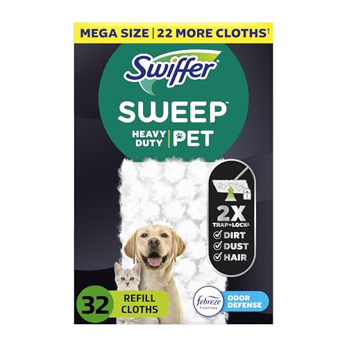 Swiffer Sweeper Pet, Heavy Duty Dry Sweeping Cloth Refills with Febreze Odor Defense, Floor Cleaning, 32 Count