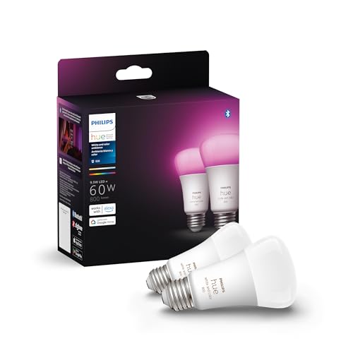 Philips HueSmart 60W A19 LED Bulb - White and Color Ambiance Color-Changing Light - 2 Pack - 800LM - E26 - Indoor - Con