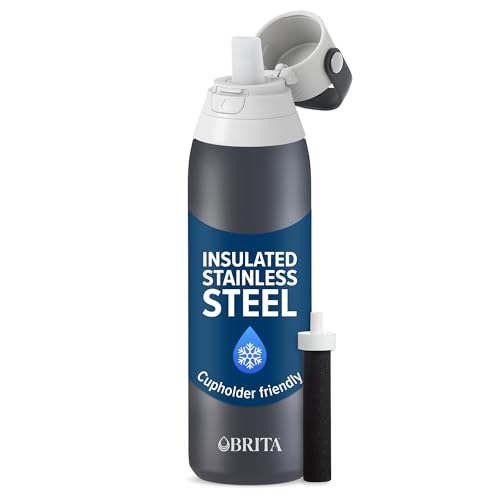 Brita Stainless Steel Premium Filtering Water Bottle, BPA-Free, Reusable, Insulated, Replaces 300 Plastic Water Bottles, Filter Lasts 2 Months or 40 Gallons, Includes 1 Filter, Carbon - 20 oz.
