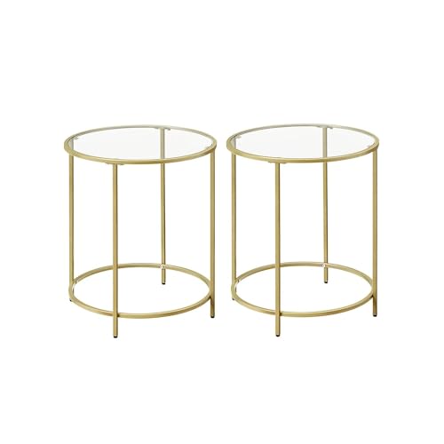 VASAGLE Round Side Table, Glass End Table with Metal Frame, Gold Coffee Table with Modern Style, for Living Room, Balcony, Bedroom, Gold Color