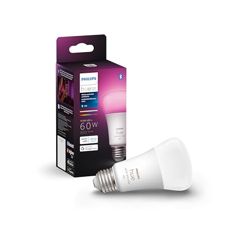 Philips Hue - Bombilla LED inteligente A19 de 60 W, luz ambiente blanca y de color, paquete de 1, 800 lúmenes, E26, interior, control con aplicación Hue, Alexa, Google Assistant y Apple Homekit