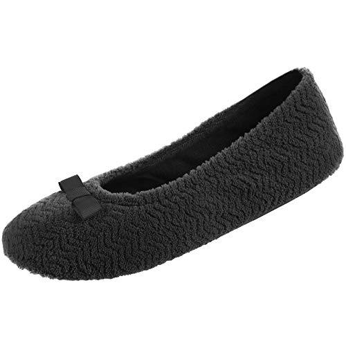 Isotoner Women's Diamond Microterry Gemma Ballerina Slippers with Memory Foam Comfort and Non-Slip Sole Ballet Flat, Black Chevron, 8-9