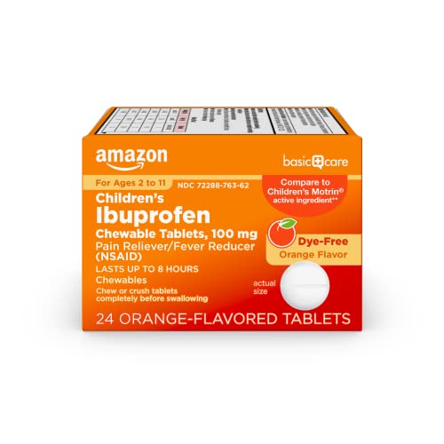 Amazon Basic Care Children's Ibuprofen Chewable Tablets, Pain Reliever and Fever Reducer, Orange Flavor, Ages 2-11, Lasts up to 8 Hours, 100 mg, 24 Count