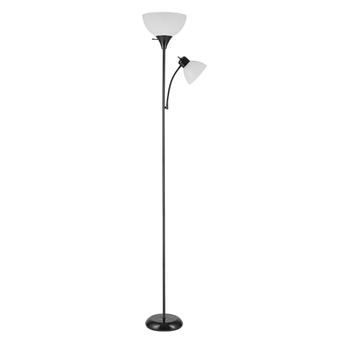 Globe Electric 67135 72" Torchiere Floor Lamp and Adjustable Reading Light, Matte Black, Frosted Shade, Dual Rotary