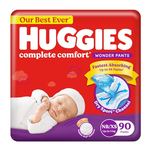 Complete Comfort Wonder Pants | Pant Style Baby Diapers Newborn Size (NB/XS), 90 Count | India's Fastest Absorbing Diaper, Prevents Diaper Rash, Ideal