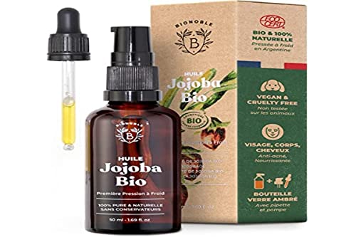 BIONOBLE Jojoba Olie Bio Koudgeperst - Haar, Gezicht, Nagels, Huid - 50ml | 100% Puur, Natuurlijk, Zonder Hexaan - Reguleert Talg, Verzacht, Anti-Acné - Vegan Jojoba Oil - Glazen Fles, Pipet, Pompje