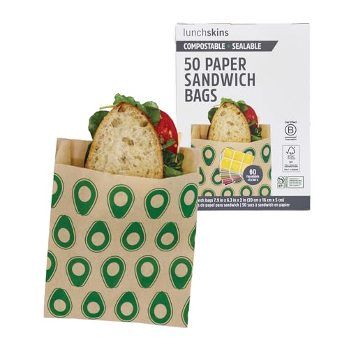 Lunchskins Compostable Sandwich Bags – 50 Count | Avocado Design | Eco-Friendly Food Storage Bags Made from Unbleached Kraft Paper with Recyclable Resealable Stickers