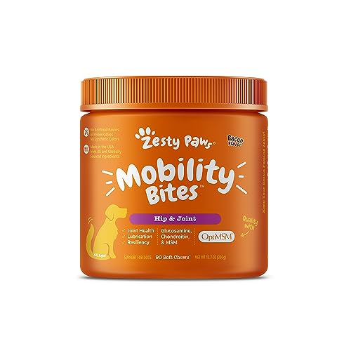 Zesty Paws Hip and Joint for Dogs, Glucosamine for Dogs Hip and Joint Supplement with Chondroitin, MSM, Vitamins C & E - Bacon, 90 Count