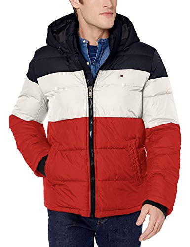 tommy hilfiger men's quilted color blocked hooded puffer jacket