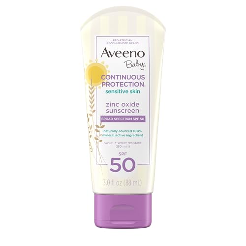 Aveeno Baby Continuous Protection Zinc Oxide Mineral Sunscreen Lotion for Sensitive Skin, Broad Spectrum SPF 50, Tear...