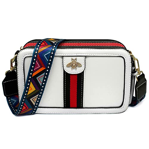 Beatfull Designer Crossbody Bag Bee Shoulder Purse for Women Trendy Wide Strap Camera Clutch PU Leather Handbag White