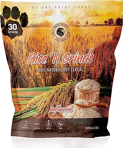 Pride Foods Rice 'N Grinds Hot Cereal - Gluten-Free, Non-GMO, Vegan-Friendly, Natural Rice Breakfast, Quick & Easy Hot Meal, Low-Fat Comfort Food, 30 Servings, Unflavored