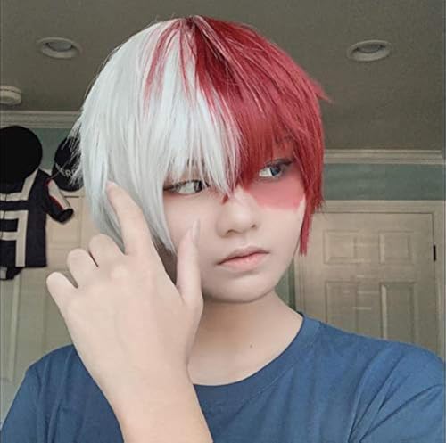 TOPHR Short Red and White Wig Anime Cosplay Wigs Heat Resistant Synthetic for Halloween Women, Girl Costumes Wigs Party(Half White Half Red)