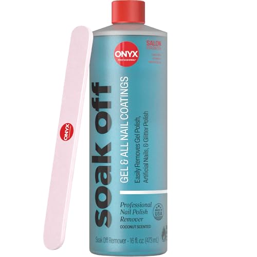 Onyx Professional Coconut Scented Nail Polish Remover with Nail File, 16 oz, Maximum Strength Soak Off Gel Polish Remover, Vitamin E & Grape Seed Oil Enriched Nourishing Formula