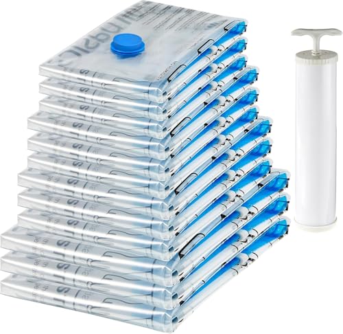 Amazon Basics Vacuum Compression Space Saving Storage Bags with Hand Pump for Travel, Multiple Sizes for Clothes and Blankets, Clear, 12 Pack (3 Small, 3 Medium, 3 Large & 3 Jumbo)