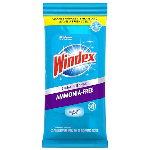 Windex Wipes Glass Cleaning Ammonia Free, Pre-Moistened Wipes for Cleaning All Glass Surfaces, Crystal Rain Fresh Scent, 25 Count