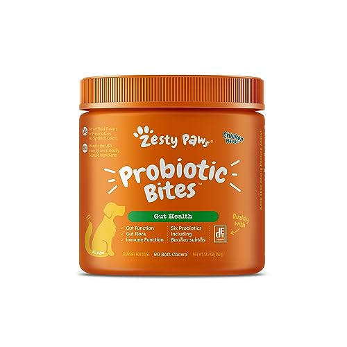 Zesty Paws Probiotics for Dogs, Digestive Enzymes Gut Flora, Digestive Health, Diarrhea & Bowel Support, DE111, Dog Probiotics Soft Chew for Pet Immune System, Chicken, 90 Ct