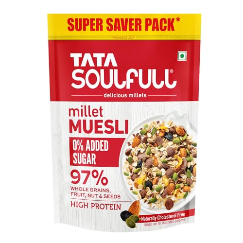 Tata Soulfull 0% Added Sugar Millet Muesli, 700 g, High Protein, Rich in Fibre, 97% Wholegrains, Fruit, Nut & Seeds, Contains Ragi Flakes, Contains Al