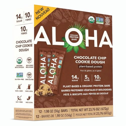 Aloha Organic Plant Based Protein Bars Chocolate Chip Cookie Dough, 1.98 Oz,(Pack of 12)