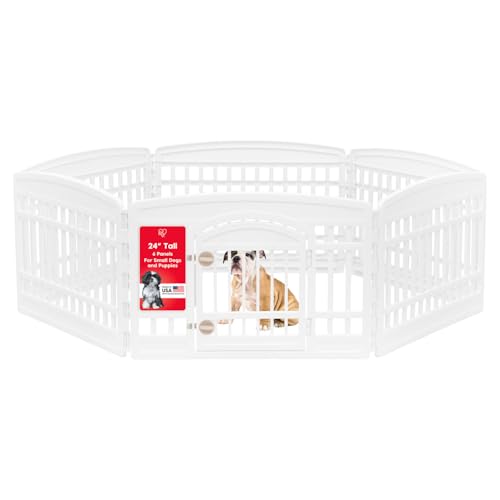 IRIS USA 24" Dog Playpen 6 Panel with Door, Indoor Outdoor Puppy Pen, White