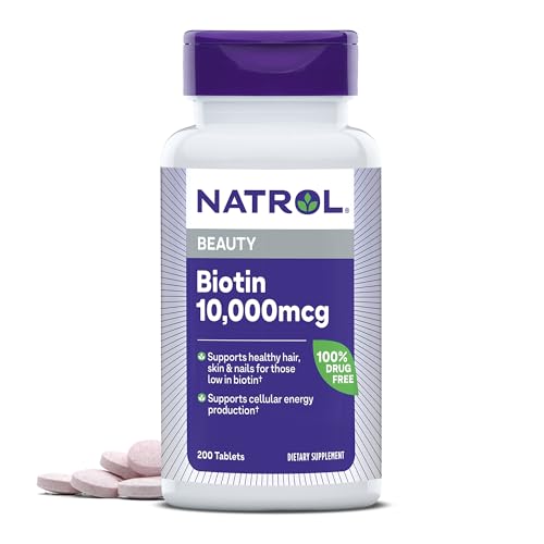 Natrol Biotin 10000mcg, Supplement for Healthy Hair, Skin and Nails for Those Low in Biotin, Plus Energy Metabolism Support, 200 Tablets, Up to a 200 Day Supply