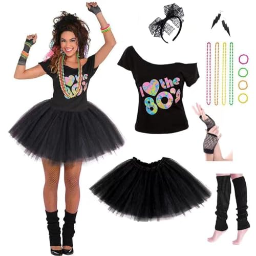Women's 80's Costumes with Accessories Set Black Tutu Skirt Earrings Necklace Bracelets Fishnet Gloves Legwarmers Headband Large(8-10) …