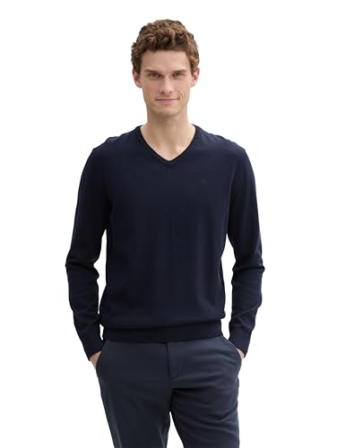 🔥 STARKER PREIS (-44%) TOM TAILOR Herren Basic Pullover 202212 Strickpullover V-Ausschnitt, 13160 - Knitted Navy Melange, S