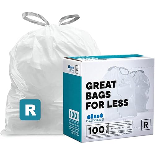 Plasticplace Custom Fit Trash Bags, Compatible with Simplehuman Code R (100 Count) White Drawstring Garbage Liners 2.6 Gallon/ 10 Liter 16.5" x 18"
