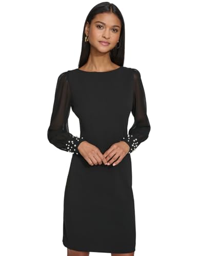 Karl Lagerfeld Paris Women's Solid Sheer Sleeve Sheath Dress, Black, 12