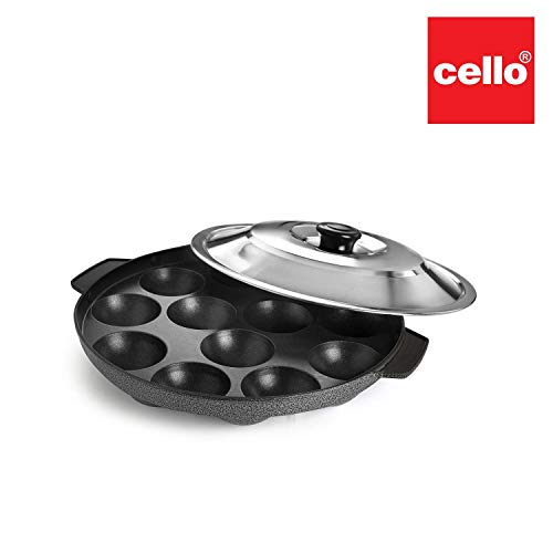 CELLO Aluminium Nonstick 12 Cavity Appam Patra Chatty Pan Maker with Steel Lid, Black | Double Hand Handle, Gas Stove Compatible Mini Uttappa Paniyara