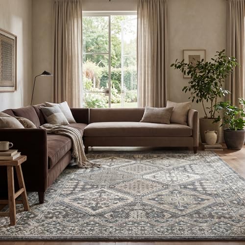 nuLOOM 9x12 Becca Traditional Tiled Area Rug, Charcoal, Faded Transitional Design, Stain Resistant, For Bedroom, Dining Room, Living Room, Hallway, Office, Kitchen, Entryway